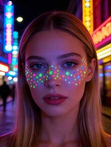 Tiebeauty 2片装夜光临时面部纹身贴纸 - 雀斑妆容纹身贴纸，花卉图案面部纹身贴纸，易于粘贴和去除，持久耐用，适合女性的身体彩绘，面部纹身贴纸 - 彩色 - 查看 3