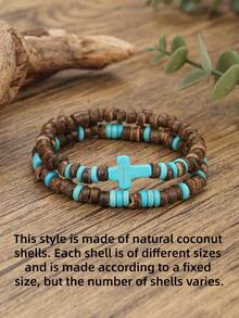 RINTOLER 1set/3pcs Boho Style Coconut Shell & Turquoise Beads Hollow Elastic Bracelet Set, Suitable For Daily Wear Or Vacation Matching - Multicolor - View 11