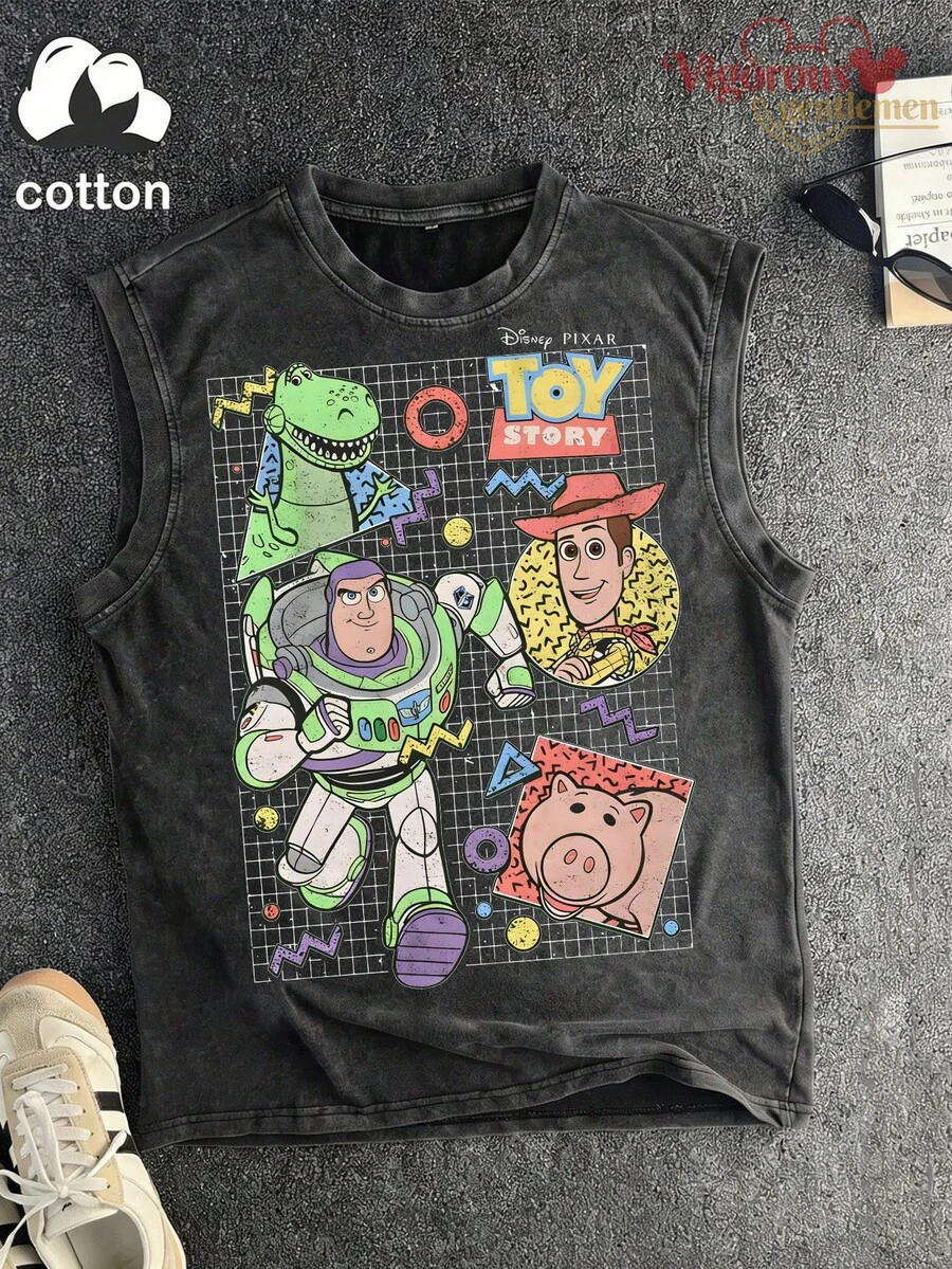 Disney Vintage Washed  Buzz  Woody Print Sleeveless Tank Top - màu đen - Xem 1