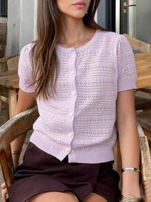 GIGOGOU Women's Breathable Knit Cardigan T-Shirt, Fashionable Short Sleeve Top, Spring/Summer - Purple - View 4