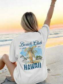 Women's Casual Vintage Summer Beach Print T-Shirt, Crew Neck, Short Sleeves, White, Summer Tops - White - View 2