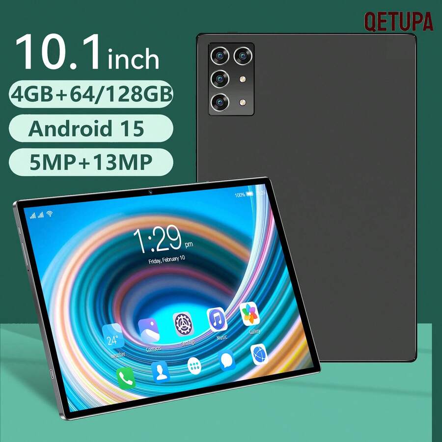 Qetupa 10.1英寸安卓15平板电脑,八核处理器,4GB内存,64GB/128GB存储空间,1280x800高清IPS触摸屏,GPS,500万像素前置摄像头,1300万像素后置摄像头,6000mAh电池,WiFi 6,蓝牙5.2,适合作为圣诞节、万圣节、感恩节、周年纪念日、复活节和其他节日的礼物。 - 黑色 - 查看 1