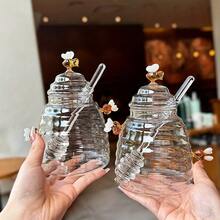 1 Set 500ML eleganter Honigtopf mit Bienen-Motiv und integriertem Löffel, hochwertig aus Borosilikatglas, luftdichter Deckel, hitze- und stoßfest, geeignet für Lebensmittelaufbewahrung in der Küche, Dekoration auf dem Esstisch, ideal als Geschenk für Imker und Köche - Transparent - Übersicht 4