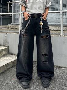 1pc Hearty Haven American Street Style Distressed Men's Loose Fit Wide Leg Washed Denim Jeans (No Belt & Accessories) - Black - View 2