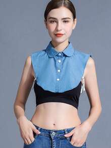 一件可拆卸牛仔尖领蓝色毛衣衬衫，秋冬季百搭叠穿单品，优雅风格 - 彩色 - 查看 13