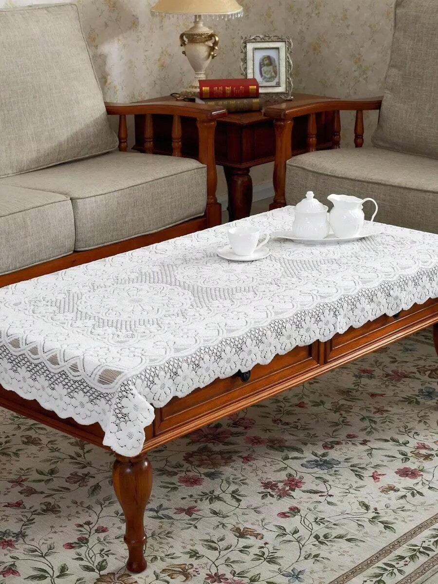1pc Plum Blossom Lace Tablecloth, Raised Relief Decoration Tablecloth - Beige - View 1