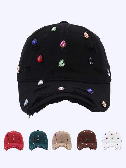 1pc Women's Fashion Colorful Handmade Rhinestone Distressed Baseball Cap, Suitable For All Seasons Daily Wear