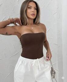 Set Of 2 Strapless Sleeveless Basic Casual Versatile Bodysuits In Spandex Fabric With Padded Cups For Everyday Use - Black and Brown - View 2