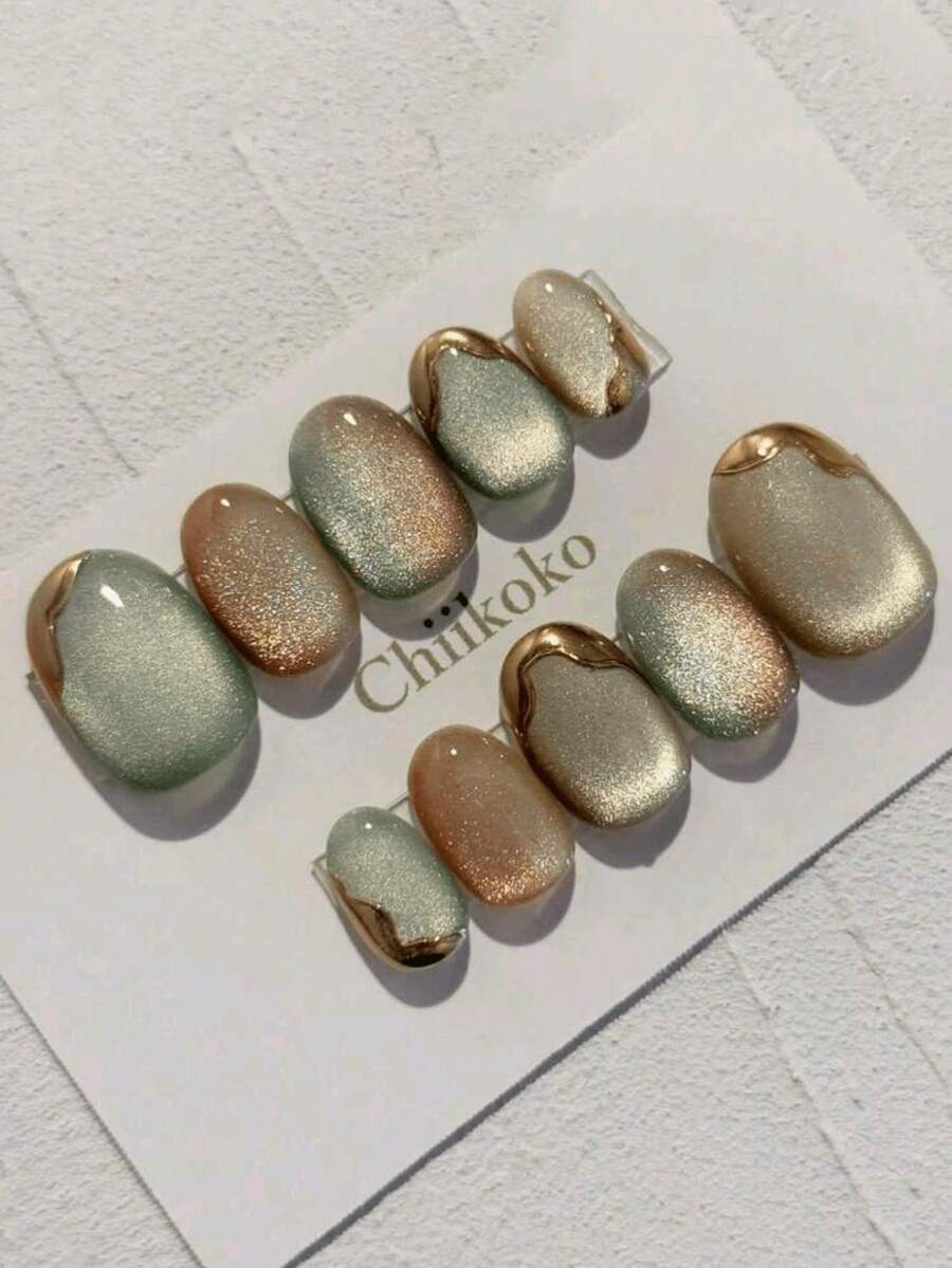 10Oval-Shaped Green And Red Cat's Eye Nail Stickers With Golden Borders, Suitable For Daily And Holiday Wear, Reusable, Perfect For Women And Girls, Cute Nail Stickers. Nails - Olive Green - View 1