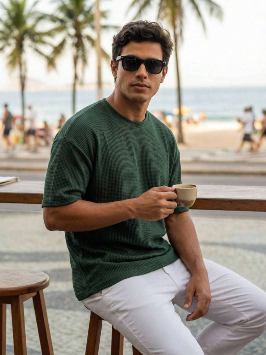 Stylish Textured Men's Oversized T-Shirt, 200g/M² - Military Green - View 1