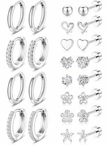 Gold Stud Earrings Women - 14k Gold Plated Surgical Stainless Steel Flat Back Earrings Set Small Huggie Hoop Flatback Earring Sensitive Ears Screw Back Cartilage Piercing Jewelry - 14K Silver Plated - View 2