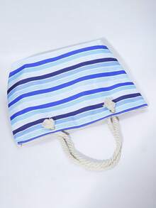 1 Túi Tote Đi Biển Sọc Xanh Trắng Dung Tích Lớn, Túi Du Lịch Đi Biển, Túi Tote Đi Biển Vải Canvas Sọc Xanh Lớn Có Quai Dây, Túi Đeo Vai Rộng Rãi Mùa Hè Cho Kỳ Nghỉ Đi Biển & Đồ Dùng Du Lịch. - Xanh và trắng - Xem 4