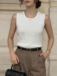 Women's Casual Sleeveless Crew Neck Knit Tank Top White - White - View 4