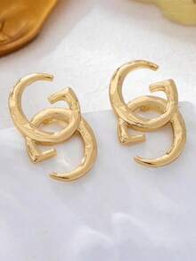 1 Pair Classic Best-Selling Double G Earrings, Hollow-Out Gold Party Earrings, Fashionable Minimalist Versatile Commuting Earrings - Gold - View 3