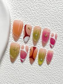 10Pcs Cool Style Handmade Nail Art Set,Polygel Nail Set,Starfish, Small Gold Beads Nail Art Accessories,Stripe Nail Art Decorations,Orange, Red, Green And Purple Nail Polish,Artistic Color Blocking Style,Comes With Nail Tools(1 Sheets Jelly Stickers+1PC Nail File)3 Sizes Available,Almond Nails, Duck Nails,Coffin Nails,Suitable For Reunion,Daily,Party,Photograph,Play,Spring Summer,Commute Supplies Nails - 彩色 - 查看 17