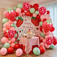 140pcs Birthday Party Balloon Arch, 12, 10, 5 Inches, Pink, Red, Green Latex Balloons, With Strawberry Aluminum Foil Balloons, Suitable For Birthday, Baby Shower Party Decoration - 140pcs Red Pink Green - View 2