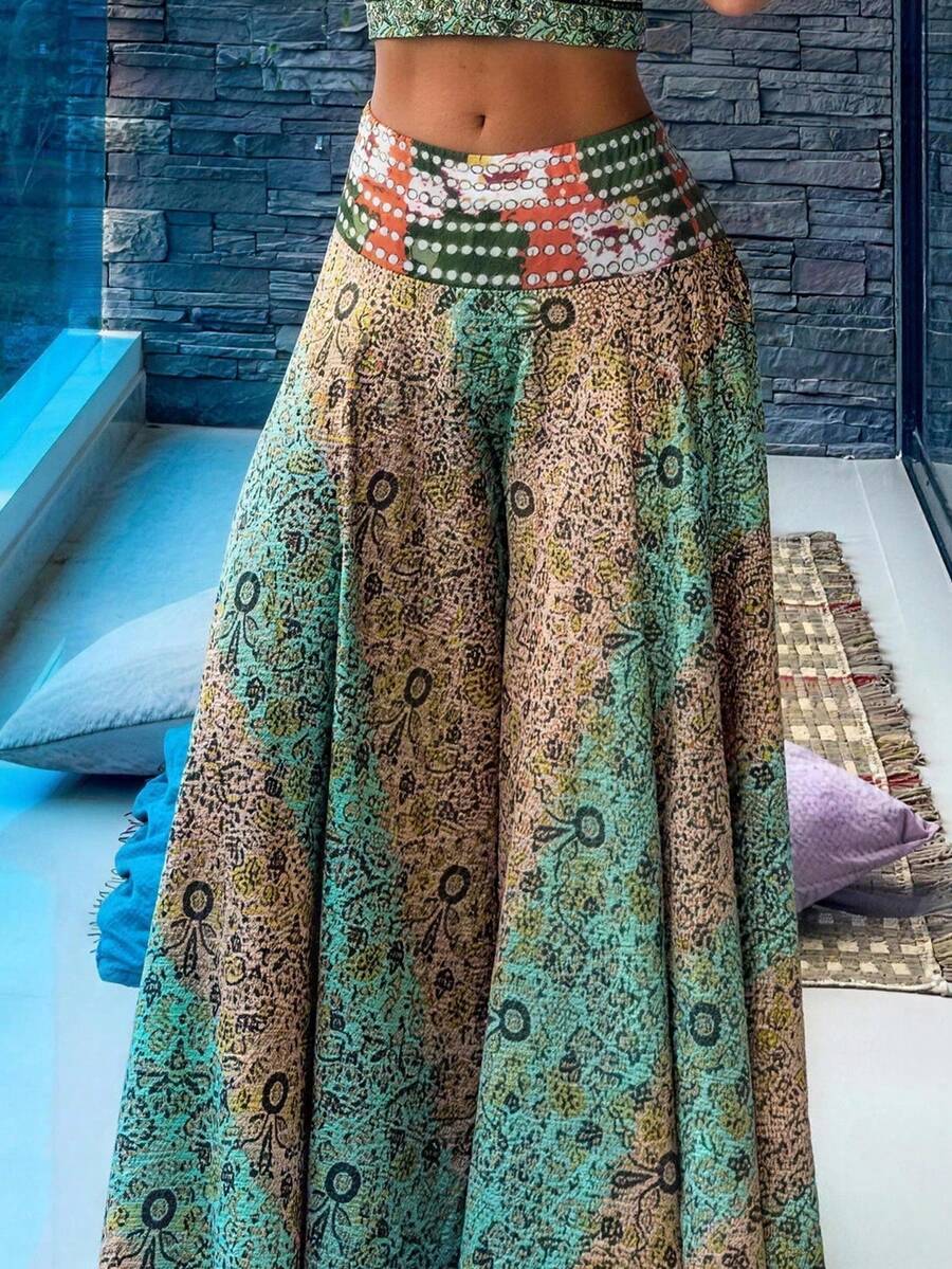 女士休闲街头风印花宽松阔腿裤，春夏度假款 - 彩色 - 查看 1