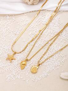 Bộ 3 chiếc vòng cổ hình vỏ sò và sao biển bằng thép không gỉ kiểu dáng đại dương mùa hè, thích hợp cho kỳ nghỉ biển, đi làm hàng ngày và các dịp hẹn hò. - Vàng - Xem 4