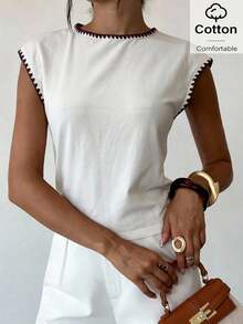 Áo thun nữ thường ngày cổ tròn viền hoa, thích hợp mặc mùa hè. - Đỏ và trắng - Xem 7