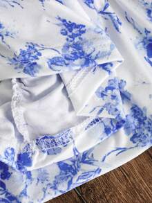 熱銷新款短袖洋裝，側邊百褶蝴蝶結，花卉印花針織條紋中長洋裝，適合休閒日常穿著或度假 - 藍白色 - 查看 10