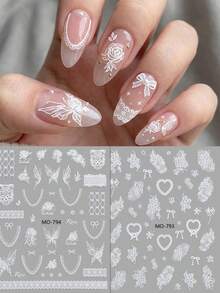 Bộ 2 miếng dán móng tay ren trắng tinh khôi phong cách ballet lãng mạn, hình bướm, hoa hồng và trái tim kiểu Pháp, thích hợp cho đám cưới, hẹn hò, tiệc trà chiều, nghệ thuật vẽ móng DIY mùa xuân/hè, quà tặng ngày lễ, DIY, phong cách Y2K. - Nhiều màu - Xem 2