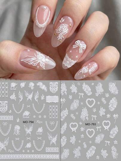Bộ 2 miếng dán móng tay ren trắng tinh khôi phong cách ballet lãng mạn, hình bướm, hoa hồng và trái tim kiểu Pháp, thích hợp cho đám cưới, hẹn hò, tiệc trà chiều, nghệ thuật vẽ móng DIY mùa xuân/hè, quà tặng ngày lễ, DIY, phong cách Y2K.
