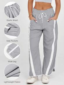 Women's Y2K Everyday Casual Pants Active Workout Contrast Color Drawstring Elastic Waist Loose Wide-Leg Athletic Trousers - 灰色 - 查看 2