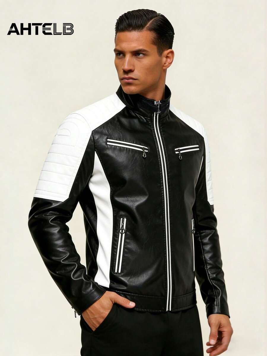 Áo khoác da PU nam AHTELB, áo khoác thể thao ngoài trời thường ngày, cổ đứng, phối màu đen tương phản, thích hợp cho mùa xuân. - màu đen - Xem 1