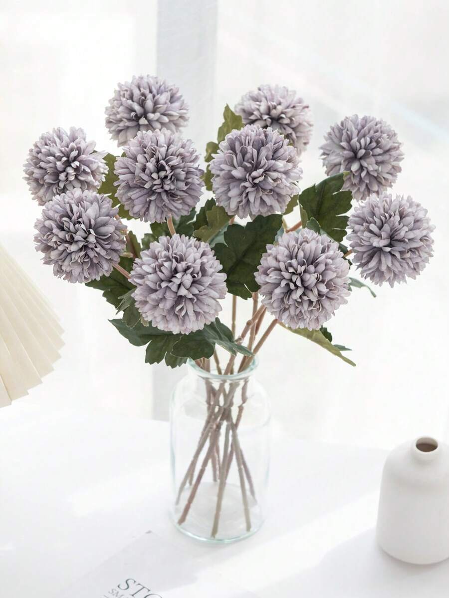1/5/12个装仿真菊花球,刺绣花朵,婚礼装饰,家居花瓶装饰,餐厅/客厅/卧室插花,新娘捧花,腕花,胸花,生日派对装饰,情人节礼物 - 淡紫色 - 查看 1