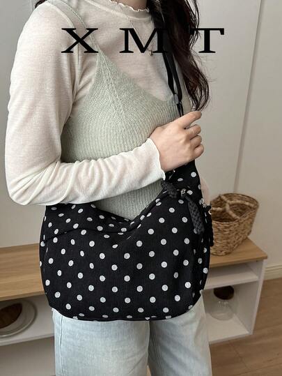 Corduroy Solid Color Polka Dot Granule Casual Minimalist Large Capacity Lightweight Versatile Women Underarm Shoulder Bag, Hobo Crescent Bag, Zipper Pouch
