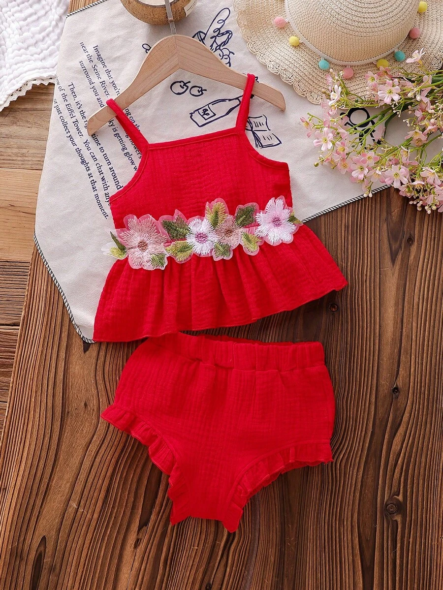 Vintage Embroidered Floral Trim Camisole Top And Minimalist Triangle Bottoms Set, Summer - Red - View 1
