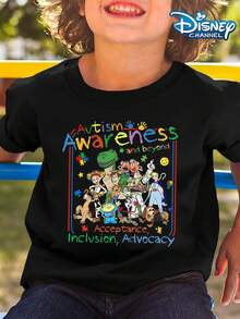 Toy Story Autism Awareness And Beyond Toy Summer Tops,Disney Print Graphic Tee, Perfect For Cool Boys. Teen Boy Gift,Comfortable And Breathable Children's Short-Sleeved T-Shirt. 180g Pure Cotton Children's Clothes,Suitable For Both Boys And Girls.Suitable For Daily Wear, Vacations, Outdoor Activities, And As A Children's Gift. - 黑色 - 查看 2