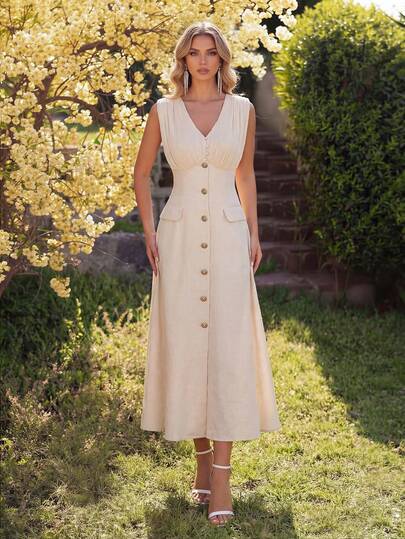 女士优雅V领无袖长款正式连衣裙，收腰显瘦简约百搭连衣裙