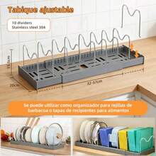 Organizador de Sartenes y Ollas Organizador de Cocina Acero Inoxidable con 10 Compartimentos Ajustables Estante Corredizo Expandible 32-57 cm Base ABS Protectora (Gris) - Gris - Ver 2