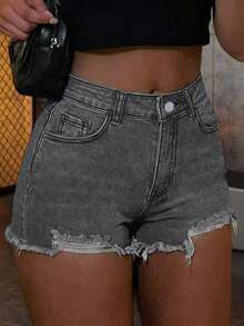 Women's Street-Style Washed Frayed Hem Stretchy Fitted Denim Shorts, Casual Daily Wear With Pockets, Suitable For Spring/Summer, Back To School - Light Grey 2 - View 2