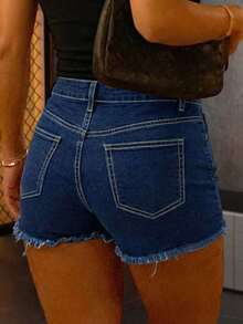 Shorts vaqueros de mujer con estilo callejero, lavados, con dobladillo deshilachado, elásticos y ajustados, para uso casual diario con bolsillos, adecuados para primavera/verano, de vuelta al colegio - Azul medio - Ver 7