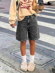 Quần short denim dáng rộng dài đến đầu gối Womi mùa hè, thích hợp cho kỳ nghỉ, bãi biển, lễ hội nhạc đồng quê. - Xám - Xem 3
