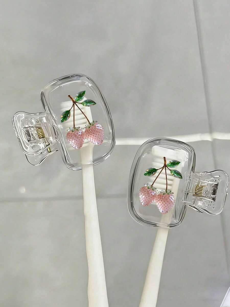 2pcs Strawberry Shaped Toothbrush Holder - Cute Design Travel & Home Storage Box With Transparent Cover, Compact Portable Design For Easy Carrying, Protect Toothbrush Head, Dual Drainage And Ventilation, Suitable For Home, Dorm And Travel | Adorable Toothbrush Head Storage Box, Ideal For Bathroom Organization, Fit For Home And Dorm Use - Multicolor - View 1