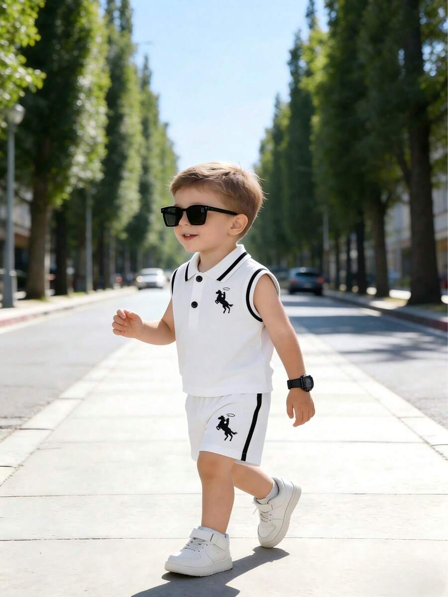 2pcs Toddler Boys' Gentleman Style Outfit, White Collar Sleeveless Top With Black Striped Decorative Shorts, Embroidered Pattern, Loose Fit, Comfortable, Summer - White - View 1