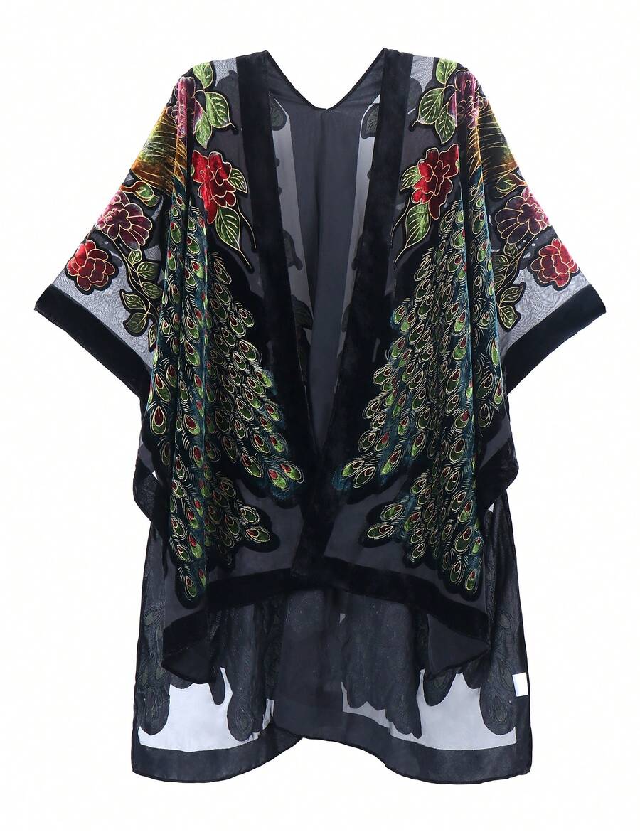 WeHello-Burnout Velvet Kimono For Women Long Cardigan Beach Cover Up Vacation Casual Shawl Swimwear Coverups Clothes Outfit Womenswear Chic Party Piece SpringStatements - Màu Hồng Tươi - Xem 1