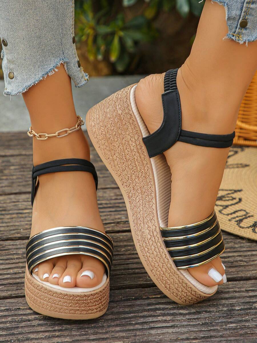 1 Pair Summer Wedge Sandals For Teenagers, Suitable For Daily Outings, Vacation, Beach, Fashion Versatile, Lightweight, Comfortable Casual Thick-Soled Sandals - Black - View 1