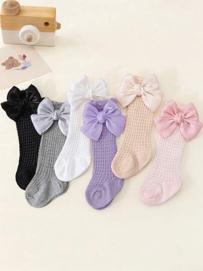 6双女童甜美可爱蝴蝶结装饰网眼中筒袜，柔软棉质面料，适合春、夏、秋、冬四季穿着，公主风日常百搭