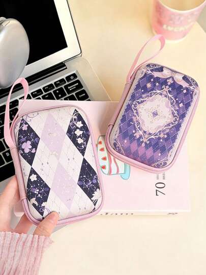 حقيبة تخزين رقمية بنمط مربعات حالمة باللون البنفسجي، حافظة واقية محمولة للسماعات والكابلات، جراب صلب مدمج