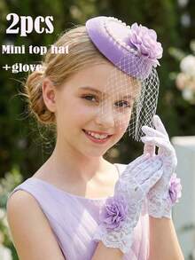 2pcs/Set Purple Tulle Rhinestone Bow Fascinator Hat + Bow Gloves For Girls & Teens, Wedding Photography Props, Party Photobooth Accessories, Wedding Decor - Purple - View 13