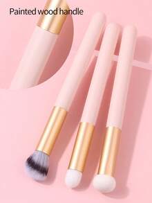 3 piezas de brochas de maquillaje con mango de madera rosa para corrector, sombra de ojos y labios - Rosa - Ver 7