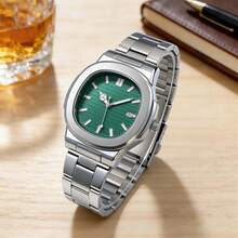 1 pieza Reloj de cuarzo con correa de acero para hombre, regalo de vacaciones, regalo, correa no ajustable - Verde - Ver 2