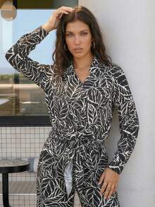 Bộ đồ 2 mảnh ZIAI dành cho nữ, áo thun dài tay cổ chữ V tay rớt vai in họa tiết lá cây và quần cạp chun, bộ đồ thun đi nghỉ mát mùa thu/đông. - màu đen - Xem 5