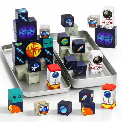35pcs Portable Box - Space Rocket Magnetic Building Blocks, Space Adventure Magnetic Tiles Set, STEM Montessori Stacking Sensory Toys Gift