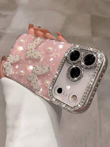 Ốp lưng điện thoại sang trọng đính đá lấp lánh hình bướm ngọc trai 3D dễ thương, tương thích với iPhone 17 Pro Max 17 Pro 17 Air 17 16 15 14 13 12 Pro Max 11, chống sốc, bảo vệ mặt sau điện thoại dễ thương. - Hồng - Xem 3