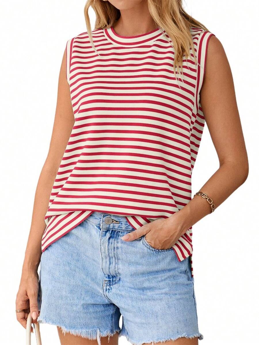 Women's Summer Striped Crewneck Sleeveless Loose Fit Basic Casual Tank Tops - 紅色條紋 - 查看 1